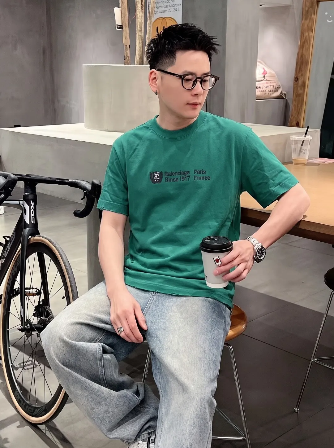 P100✨🔥 [BALENCIAGA] 2026FW short-sleeved T-shirt Premium 26s double yarn 300g fabric embroidery fraying process Color: Black White Green Size: S M L XL 2XL